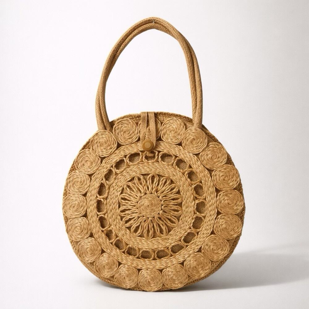 Handwoven Round Straw Crossbody Bag in Natural Tan